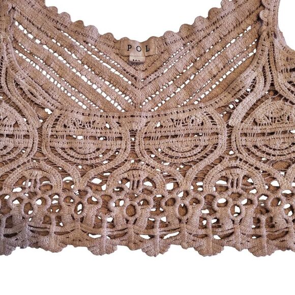 NEW POL Size M/L All Cotton Beige Knit Cropped Knit Cami Top Crochet Style Sheer - Picture 7 of 10